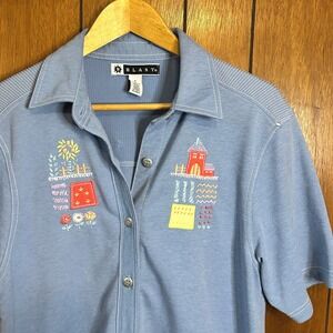 Vintage Blast Button-Up Shirt Embroidered Houses & Flowers Novelty Knit‎ Top S